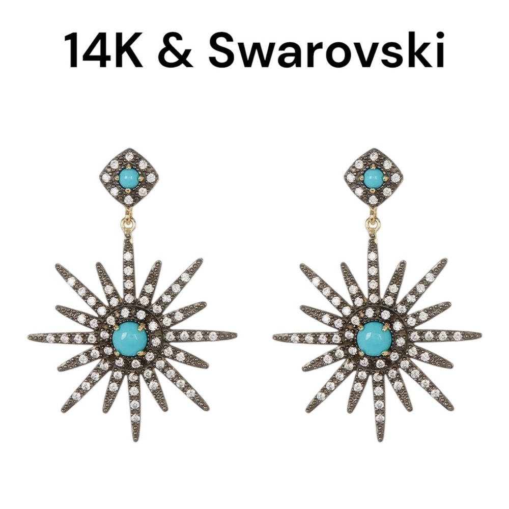14K ADORNIA GOLD PLATED SWAROVSKI TURQUOISE CRYSTAL STAR BURST EARRINGS NEW